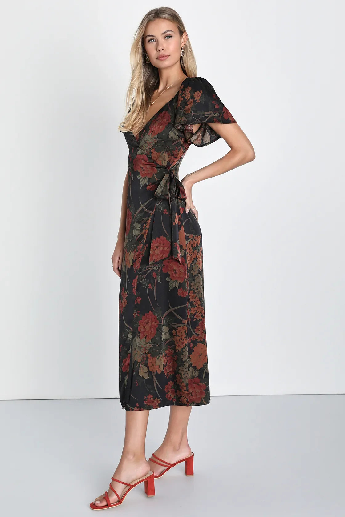 Subtle Elegance Black Floral Print Faux Wrap Midi Dress