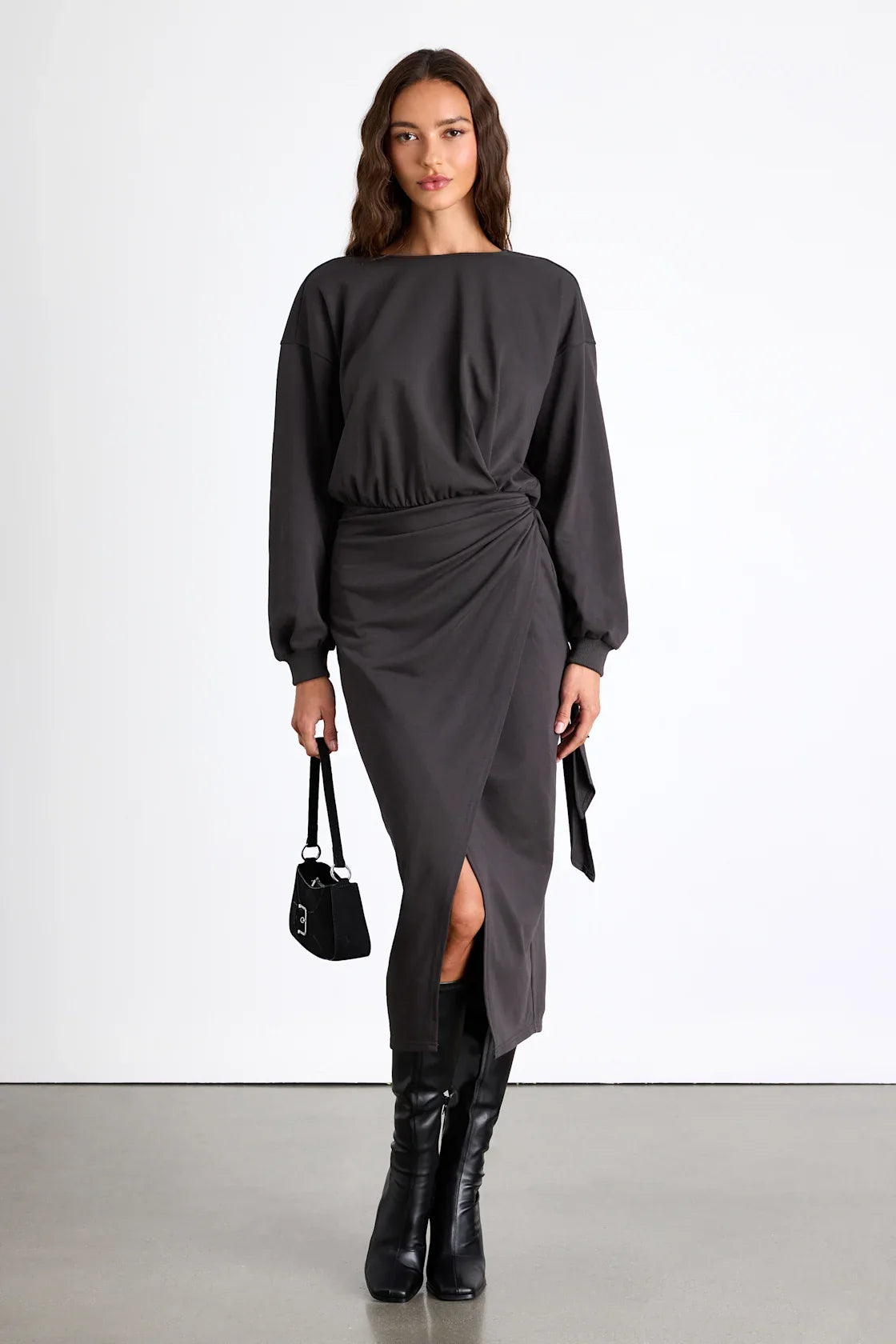 Eunia Charcoal Grey Jersey Knit Long Sleeve Wrap Midi Dress