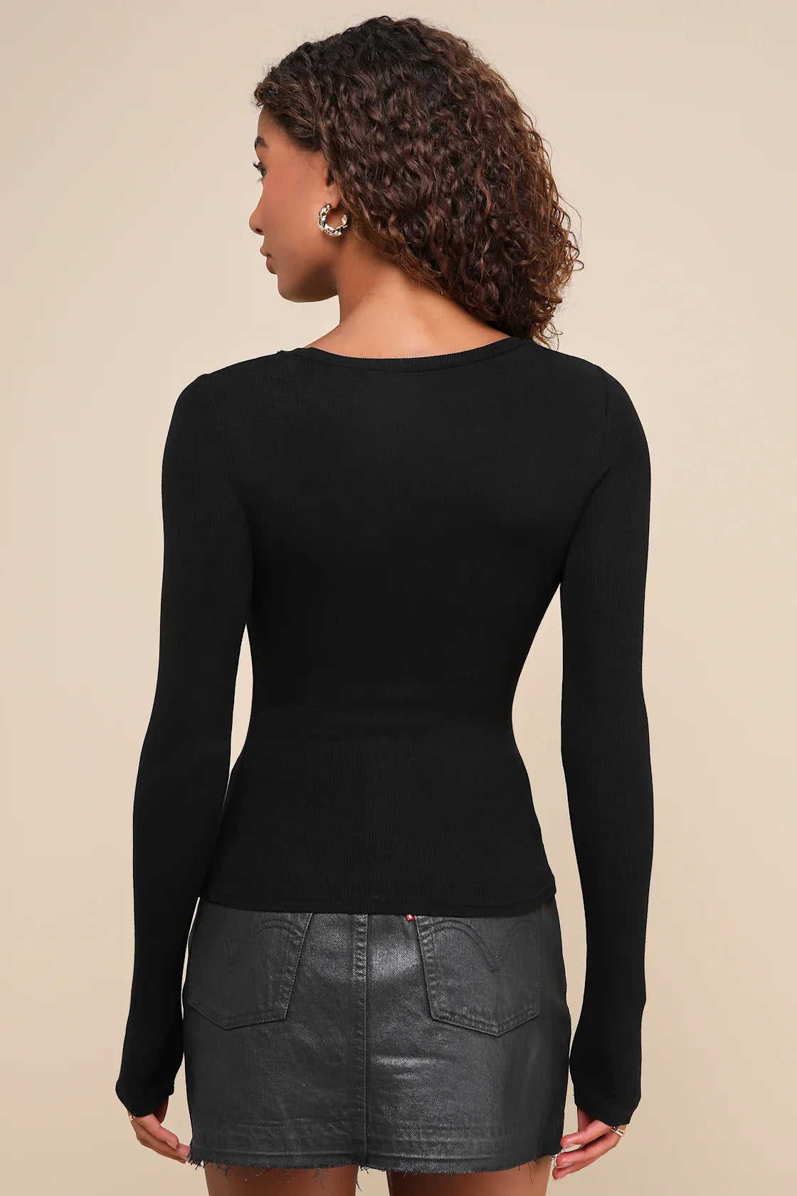 Flirty Little Secret Black Ribbed Cutout Long Sleeve Top