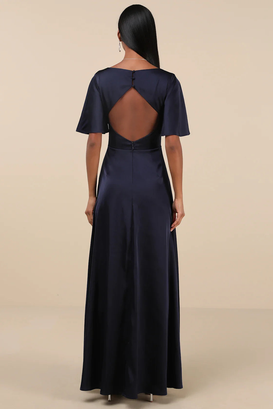 Elegant Confidence Navy Satin Flutter Sleeve Cutout Maxi Dress