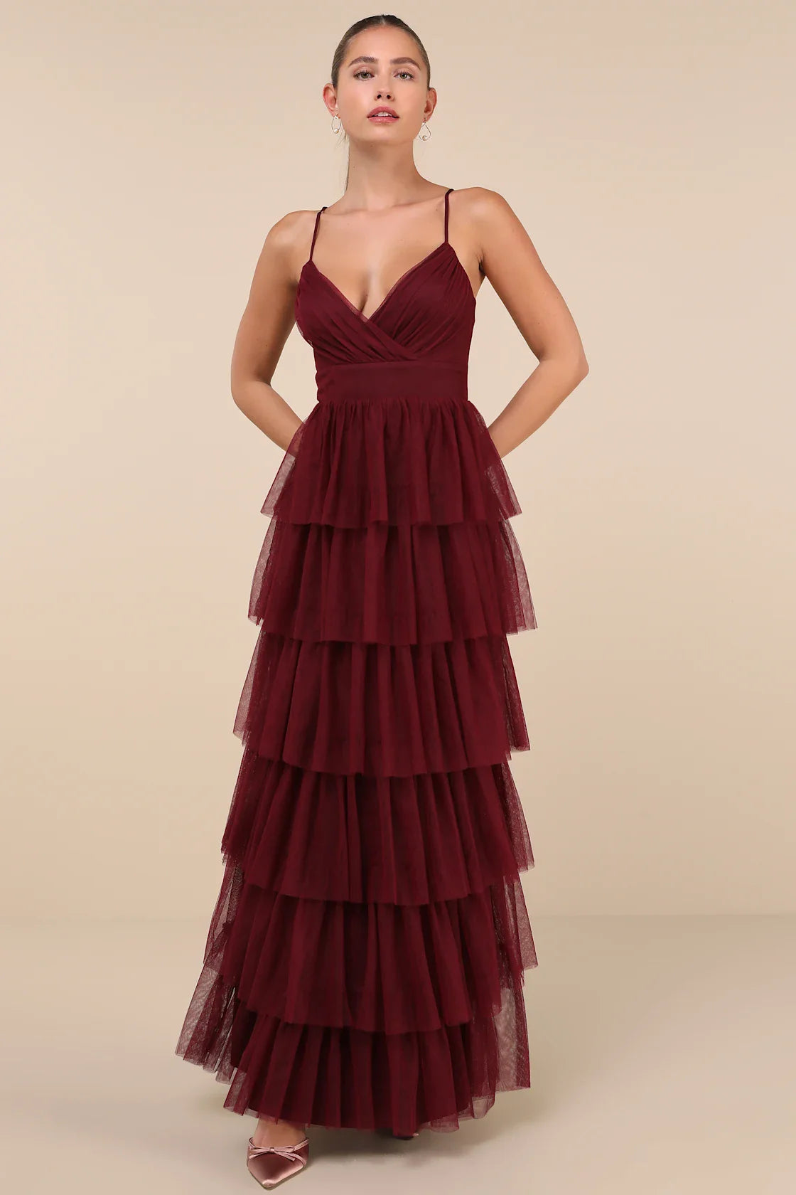 Rule the Runway Burgundy Tulle Surplice Tiered Maxi Dress