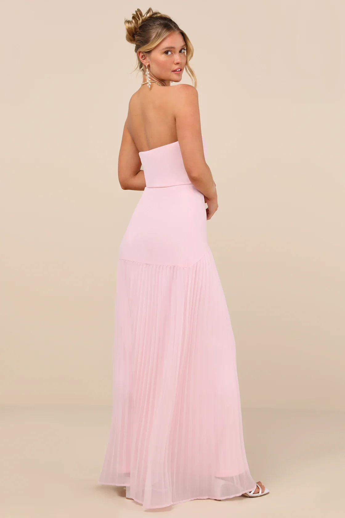 Celebratory Aesthetic Blush Pink Pleated Strapless Maxi Dress