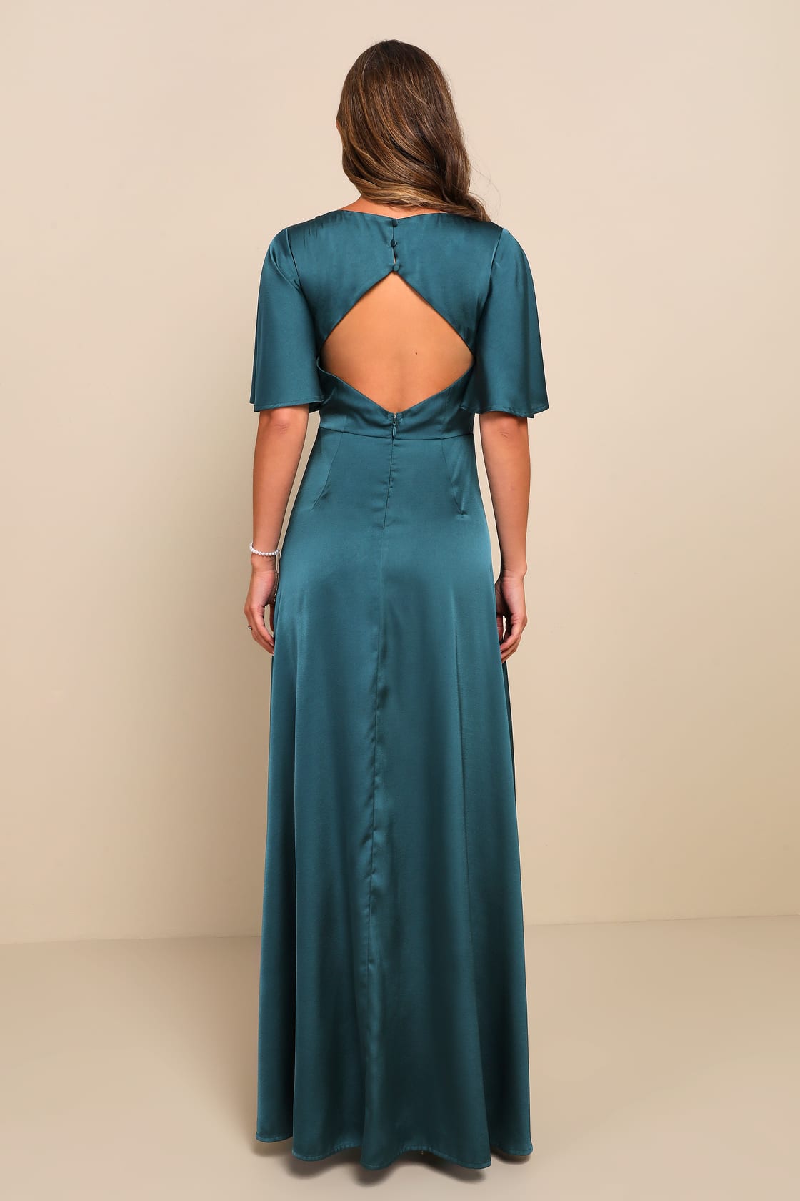 Elegant Confidence Navy Satin Flutter Sleeve Cutout Maxi Dress
