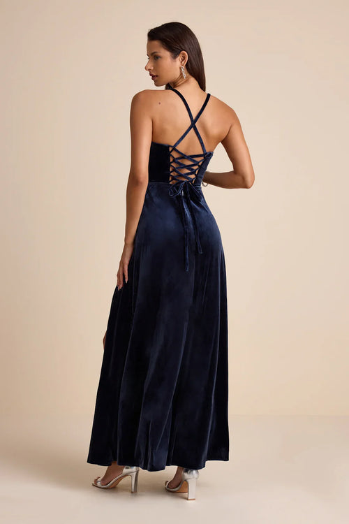 Extravagant Muse Dark Slate Velvet Lace-Up Bustier Maxi Dress